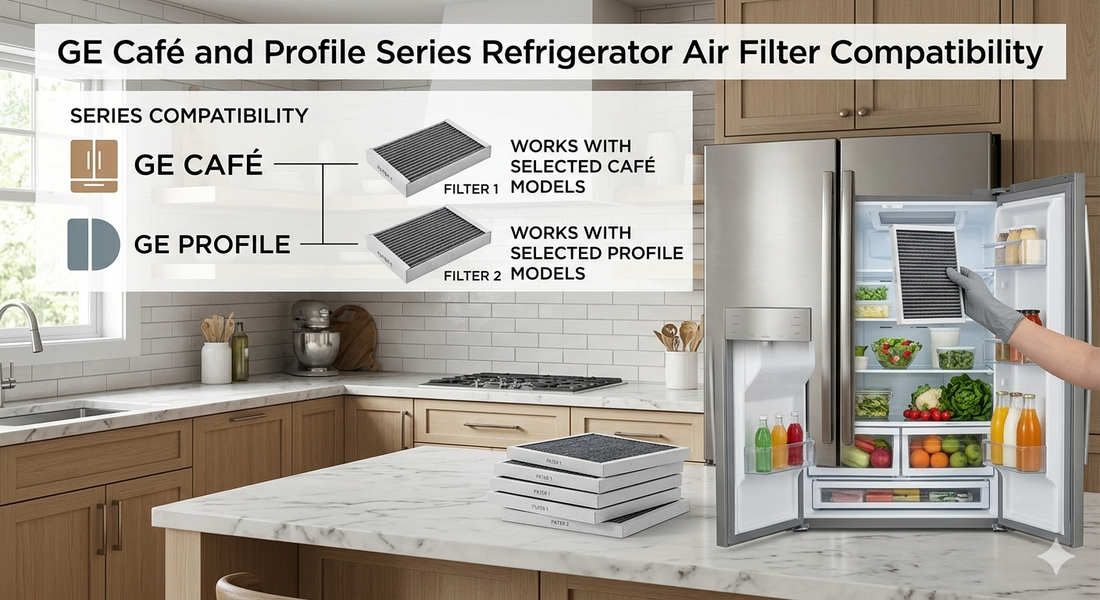 GE Café and Profile series refrigerator air filter compatibility guide and replacement process.